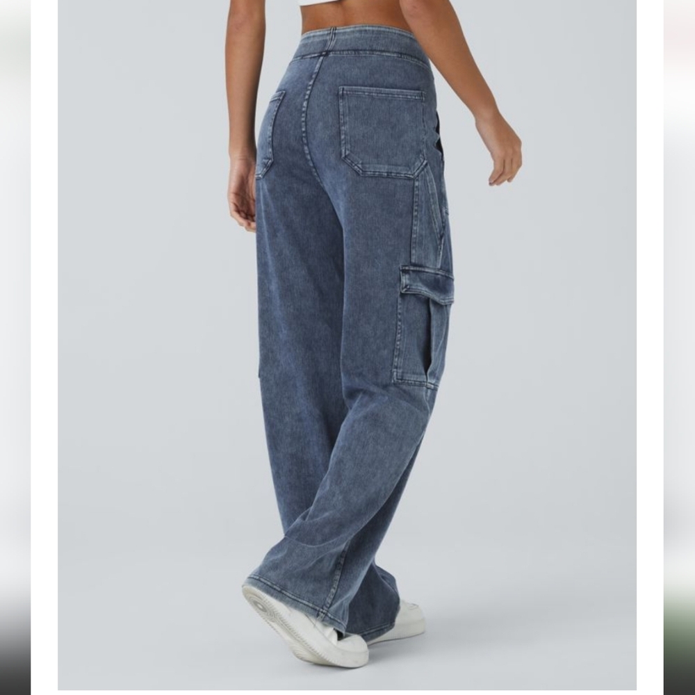 Halara Mid Rise Stylish Blue Cargo Jeans - Picture 3 of 5